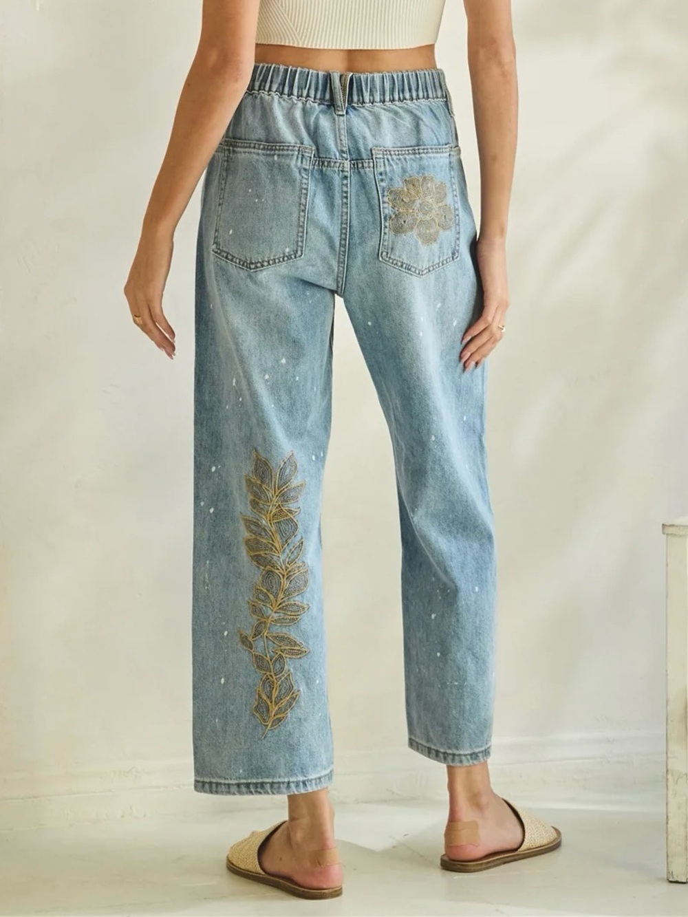 Oli & Hali Floral Embroidered Jeans | High Waist Ankle Crop Statement Denim - Picture 4 of 8